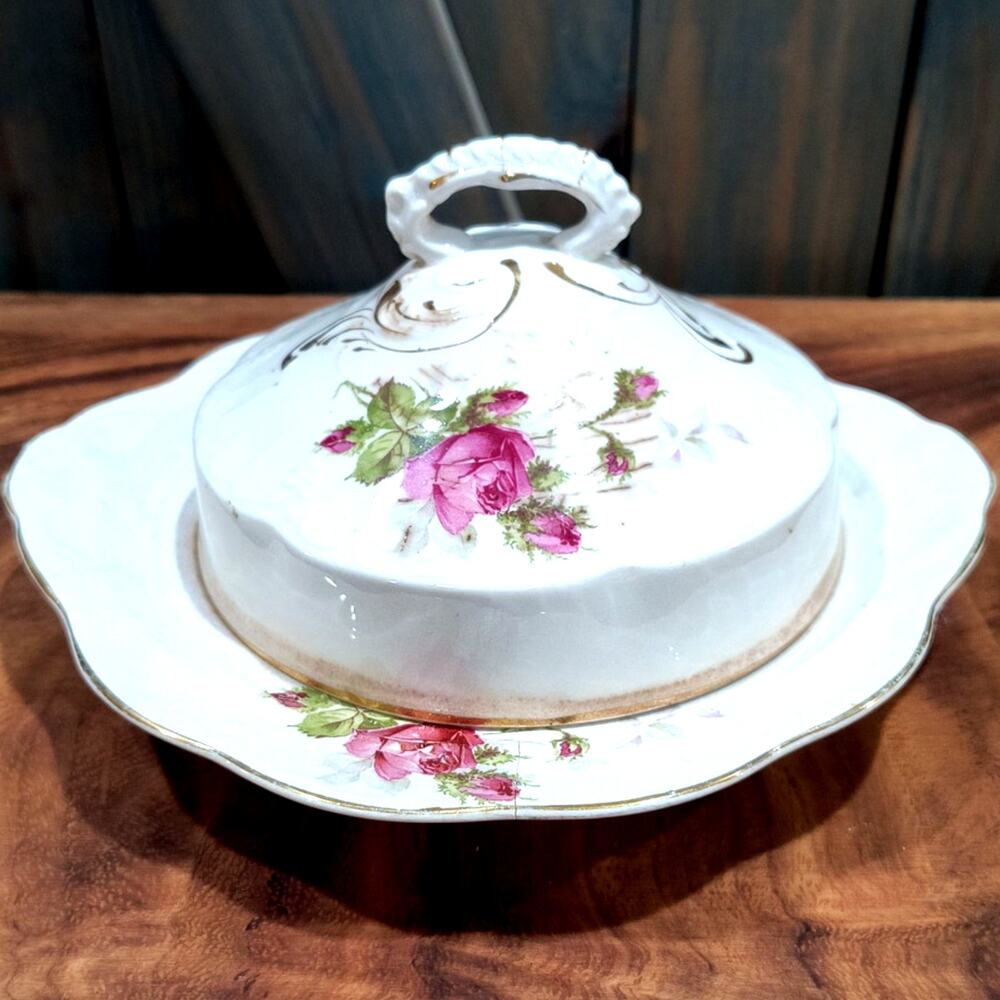 698. Cottage Core Vintage Covered Butter Dish Roses and Gold Trim